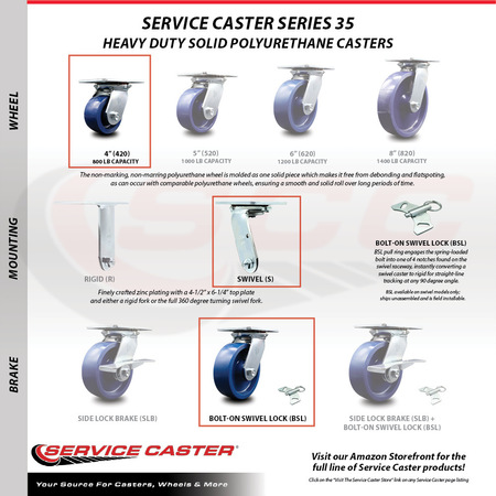 Service Caster 4 Inch Solid Poly Swivel Caster Swivel Locks 2 Brakes, 2PK SCC-35S420-SPUB-BSL-2-SLB-2